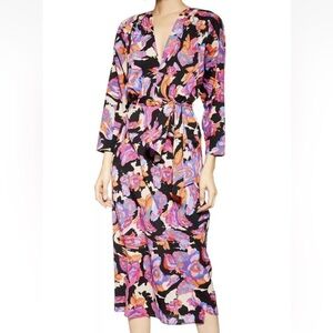 Topshop Deep V-Neck Floral Open Back Batwing Sleeve MIDI Dress Size 8